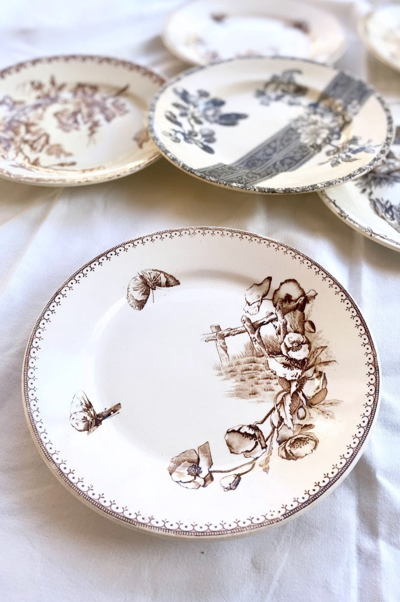 Set of 6 French Antique Ironstone Plates - "Mix and Match" Motifs