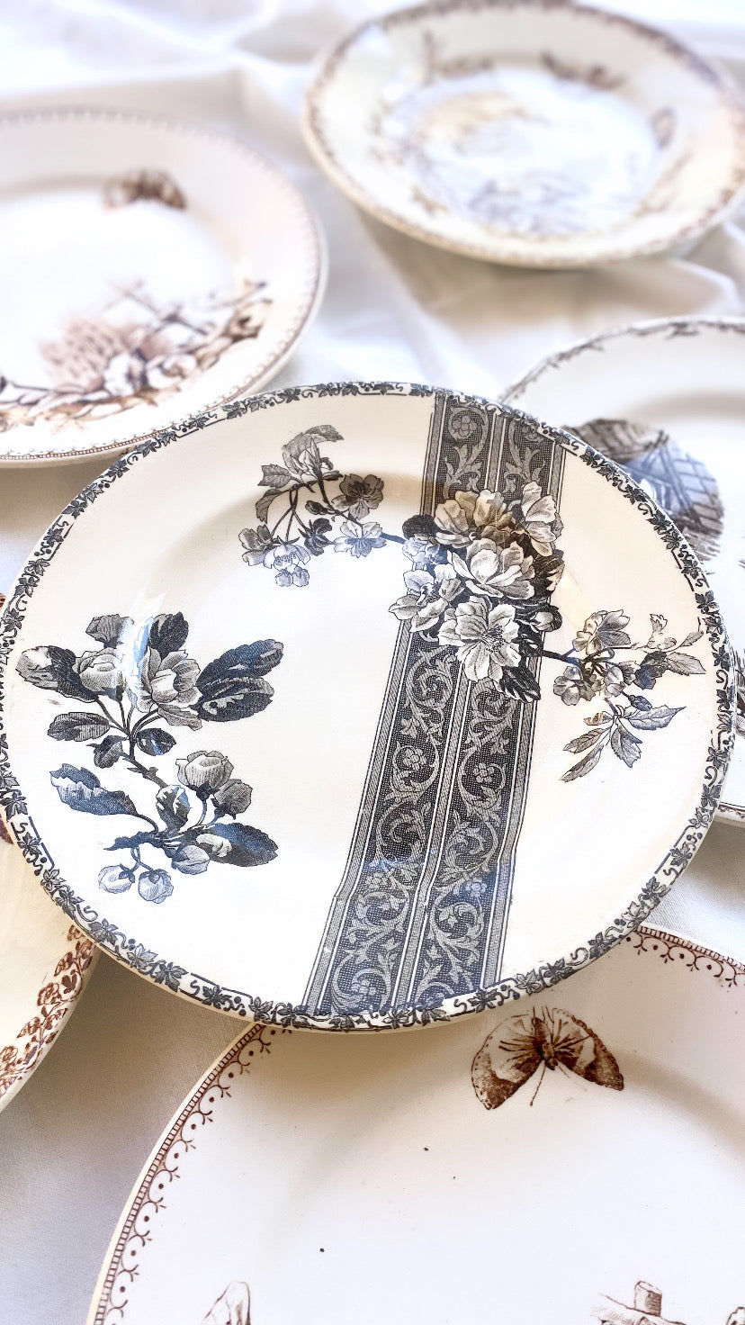 Set of 6 French Antique Ironstone Plates - "Mix and Match" Motifs