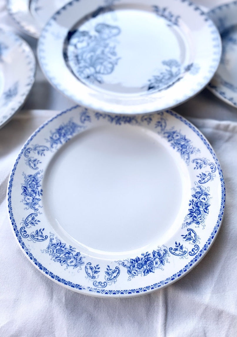Ensemble de 6 Assiettes Anciennes Terre de Fer - Motifs Dépareillés "Mix and Match" Bleu Glacial
