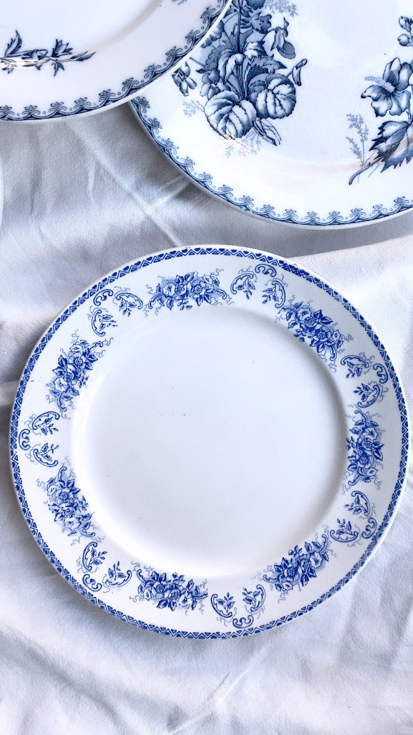 Set of 6 French Antique Ironstone Plates - "Mix and Match" Blue Motifs 