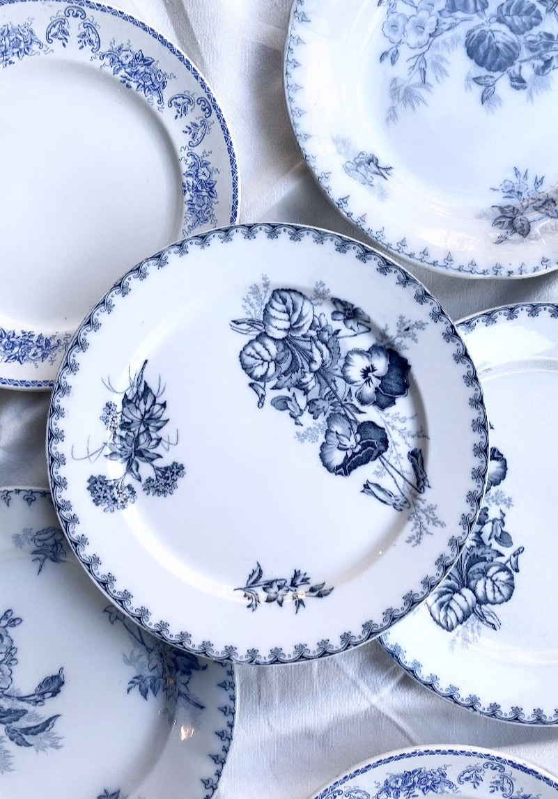 Set of 6 French Antique Ironstone Plates - "Mix and Match" Blue Motifs 