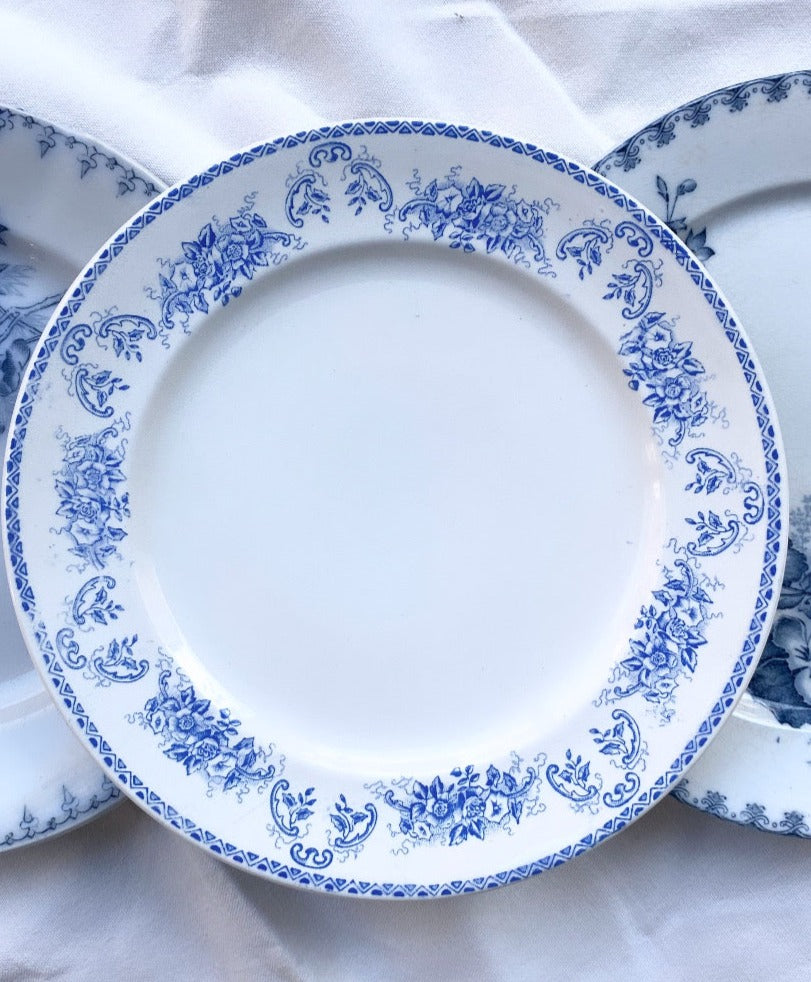 Set of 6 French Antique Ironstone Plates - "Mix and Match" Blue Motifs 