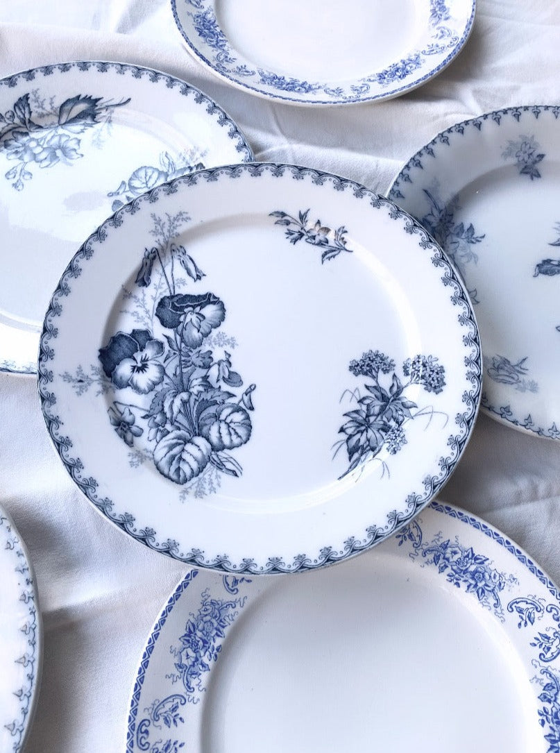 Set of 6 French Antique Ironstone Plates - "Mix and Match" Blue Motifs 