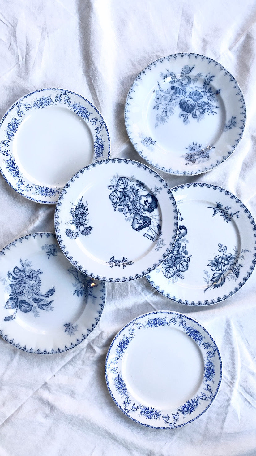 Set of 6 French Antique Ironstone Plates - "Mix and Match" Blue Motifs 